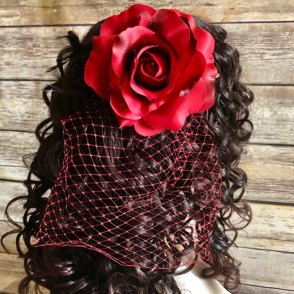 Retro Torture Couture Large Rockabilly Red Rose Hair Clip Fascinator Handmade - Picture 5 of 5